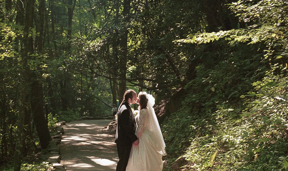 A bride and groom walking hand in hand along a sunlit forest path