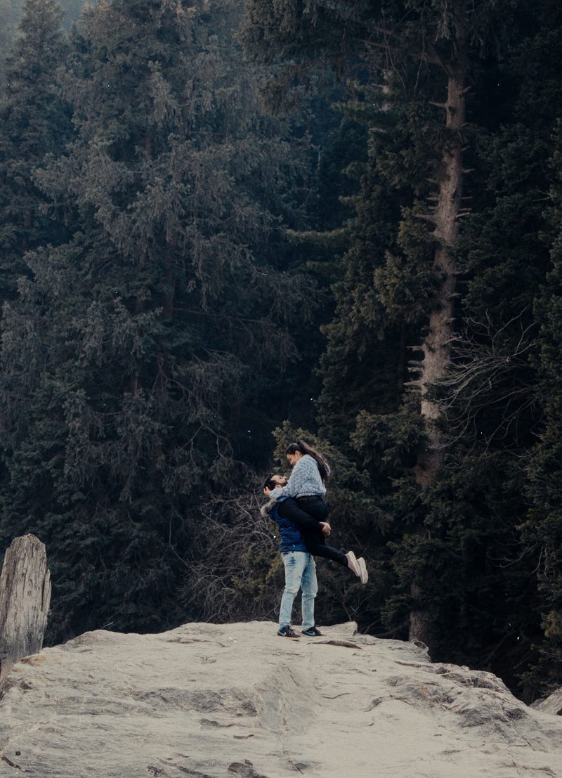 A couple embracing on a rocky ledge above a dense pine forest