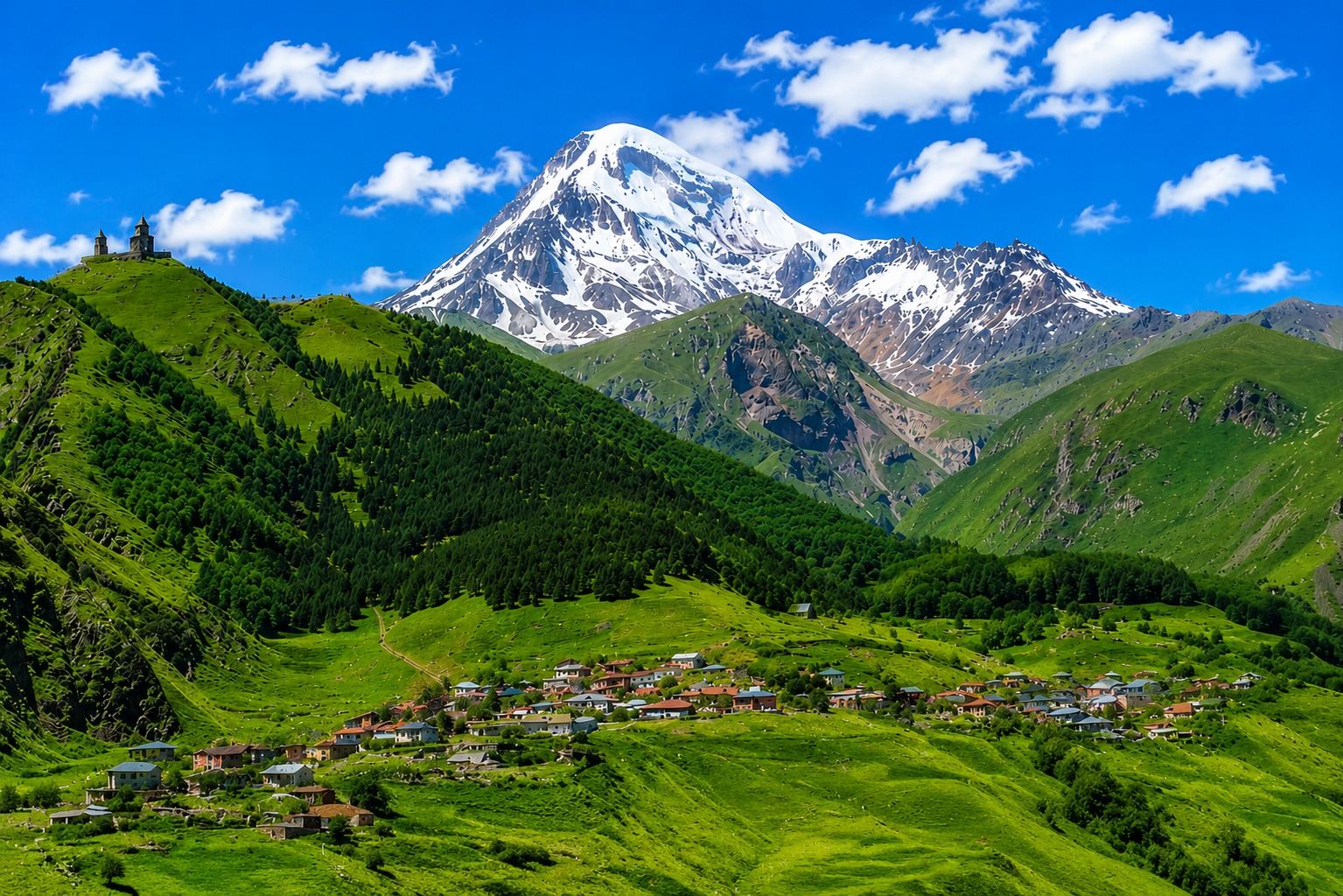 Gergeti Trinity Church below the snow-capped peak of Mount Kazbek